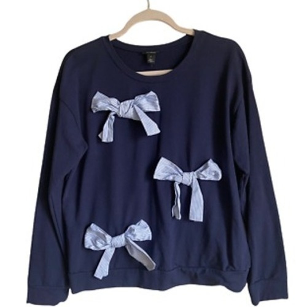 Halogen Sweatshirt  Blue Stripe Bows Medium‎ Coquette Chic Cozy NWOT - Picture 2 of 9